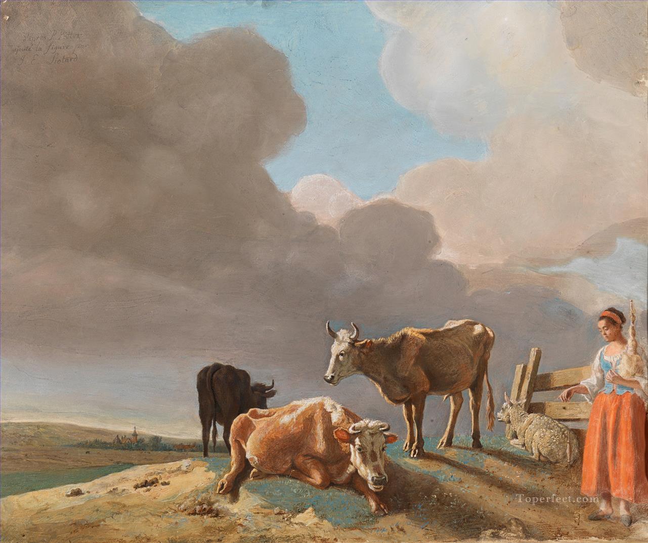 tamiser le paysage du passé avec des vaches Chèvre Mouton Berger et bergeress Peintures à l'huile